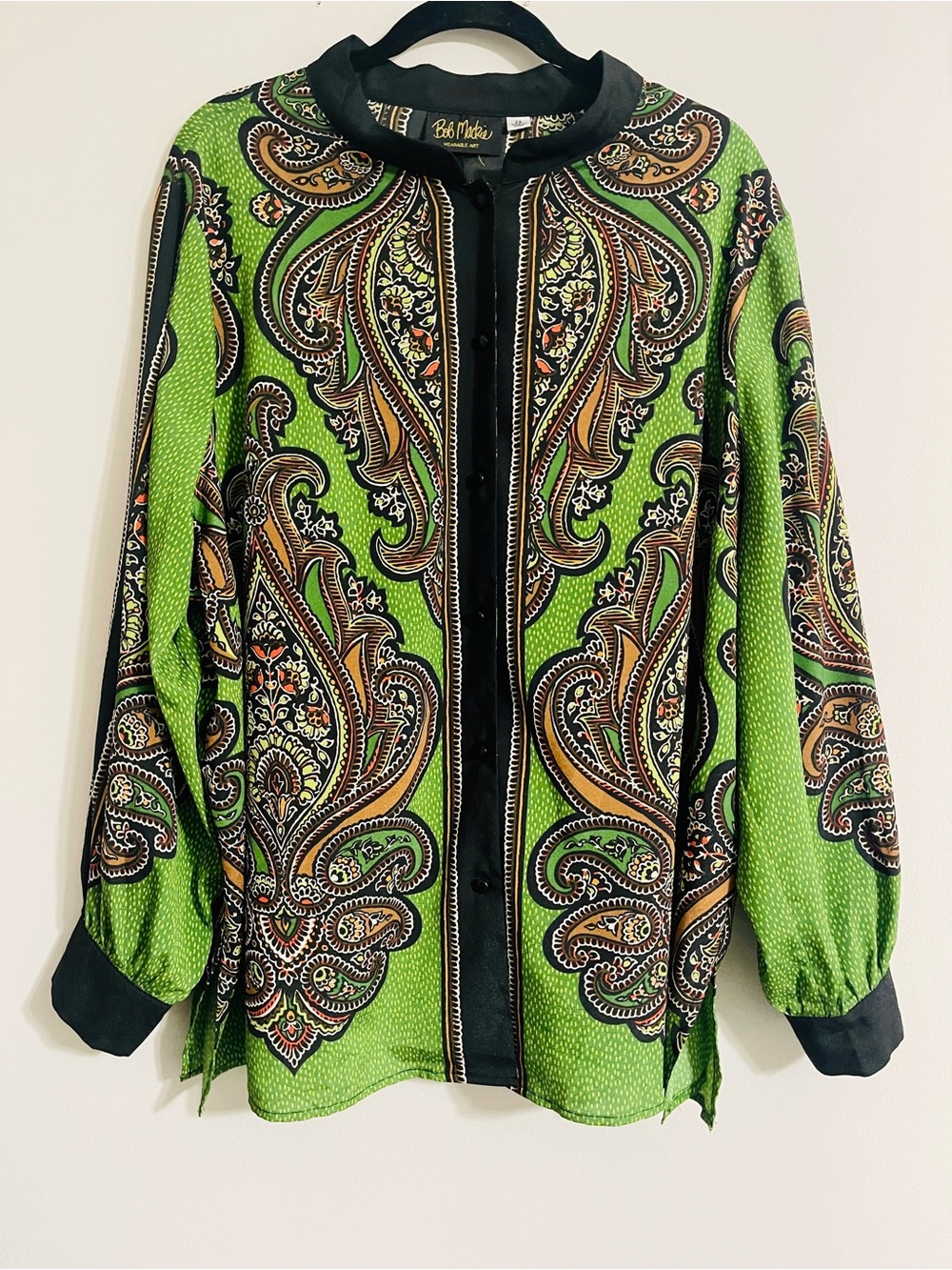 VTG Bob Mackie Wearable Art Sz 2X Paisley Boho Button Up Blouse Mandarin Collar